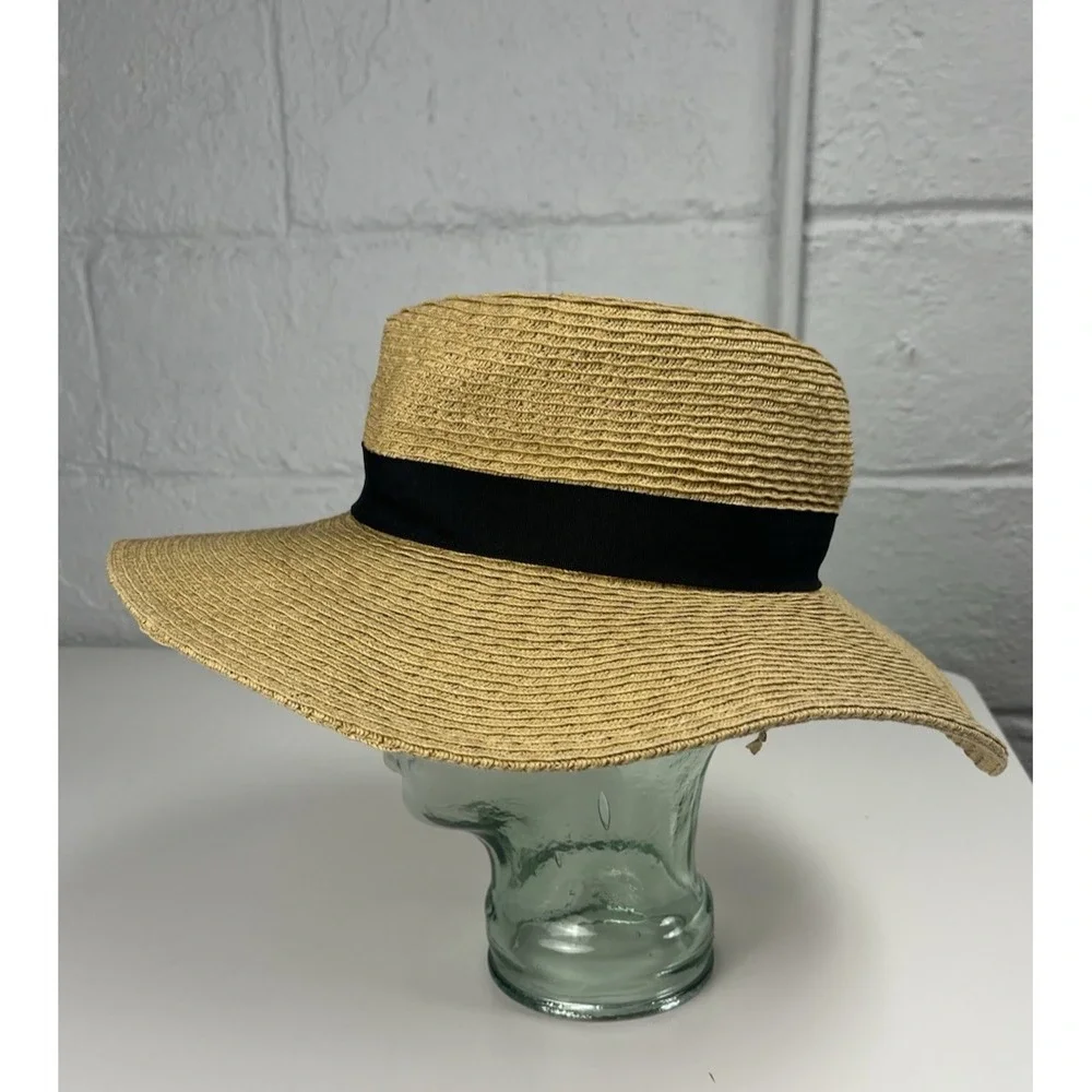 Scala Straw Diego Boater Hat Grosgrain Band Tan Black Sun Summer Packable Beach